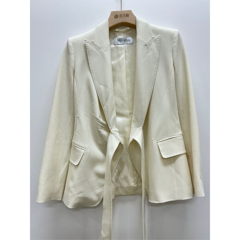MaxMara Beige Wool Long-Sleeve Lapel Ribbon Suit Jacket XS Size Made In Italy